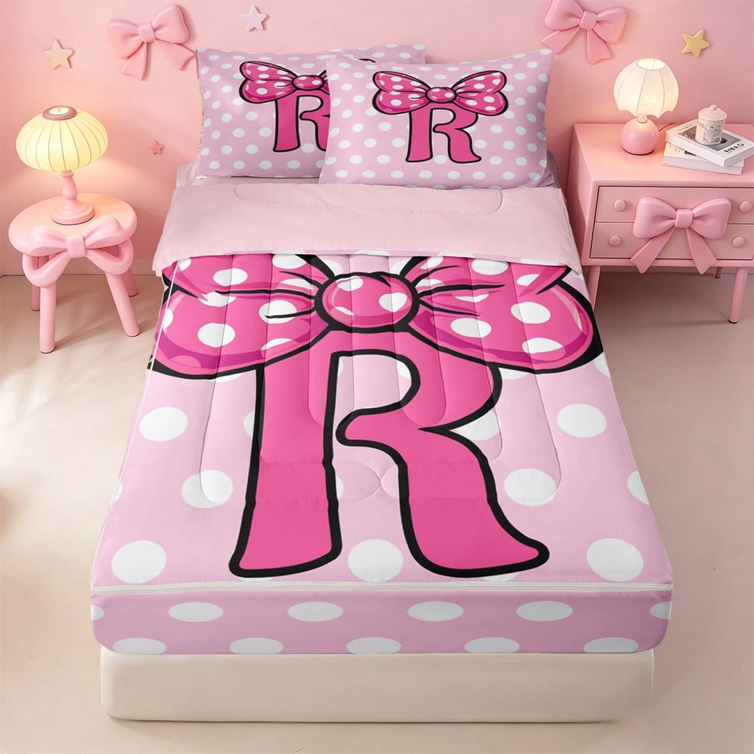 meiyoeat Bowknot Monogram R Zipper Full Size Comforter Sets with Fitted Sheet and 2 Pillowcases For Girls,Pink Cute Initial Print Zipper Bedding Set,Pink Reversible,4-Piece