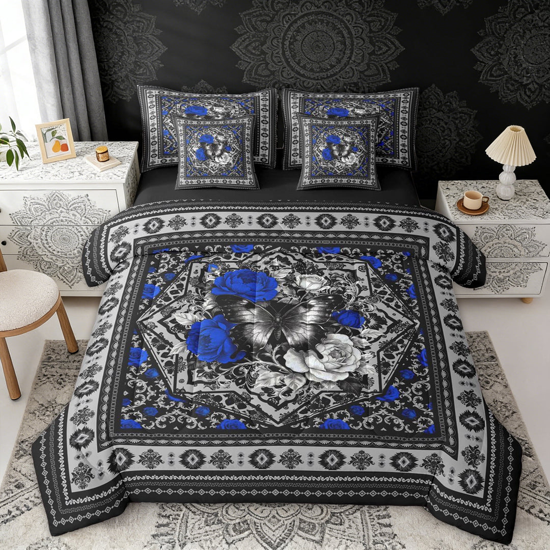 Erosebridal Chic Butterfly Twin Bedding Sets, Bohemian Aztec Mandala Bedding Comforter Set, Black Gray Blue, Black Reversible 7pcs