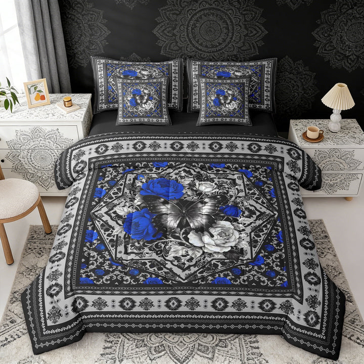 Erosebridal Chic Butterfly Twin Bedding Sets, Bohemian Aztec Mandala Bedding Comforter Set, Black Gray Blue, Black Reversible 7pcs