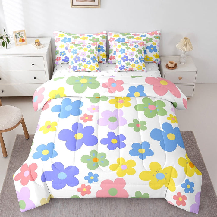 Erosebridal Full Cute Flower Comforter Set Women Bed in A Bag,Colorful Cartoon Funky Flowers Bedding Set,Lovely 60s 70s Floral Doodle Groovy Flower Disco Bed Sets 7 Pcs