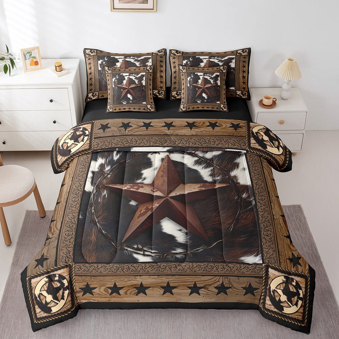 Erosebridal Western Texas Stars Bedding Queen Size,Lodge Cabin Bed In A Bag Queen Size,Cow Print Bedroom Decor,Reversible,Lightweight,7 Pieces
