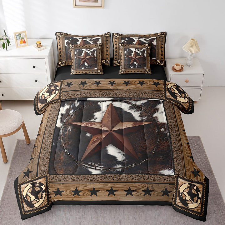 Erosebridal Western Texas Stars Bedding Queen Size,Lodge Cabin Bed In A Bag Queen Size,Cow Print Bedroom Decor,Reversible,Lightweight,7 Pieces