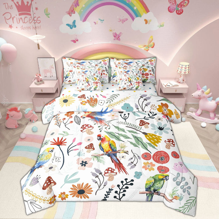 Cute Parrot Comforter Set 7 Piece Bed in a Bag Twin,Mushroom Floral Cartoon Animal Bedding Sets Watercolor Flowers Leaves Sheet Set with Comforter