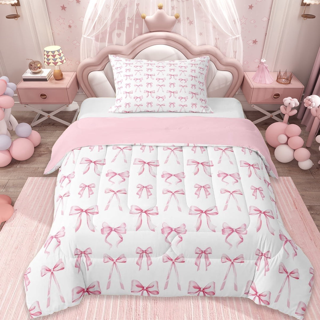 Erosebridal Pink Kawaii Bowknot Twin Comforter Sets For Bows Lovers,Kawaii Bowknots Bow Tie Bedding Set, Reversible 2pcs