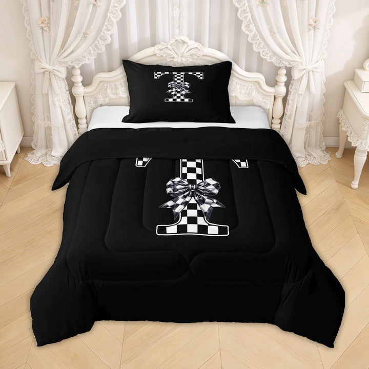 Erosebridal Checkered Bow Letter T Twin Comforter Sets for Girls, Black White Ribbon Bedding Set, Black Reversible, 2pcs