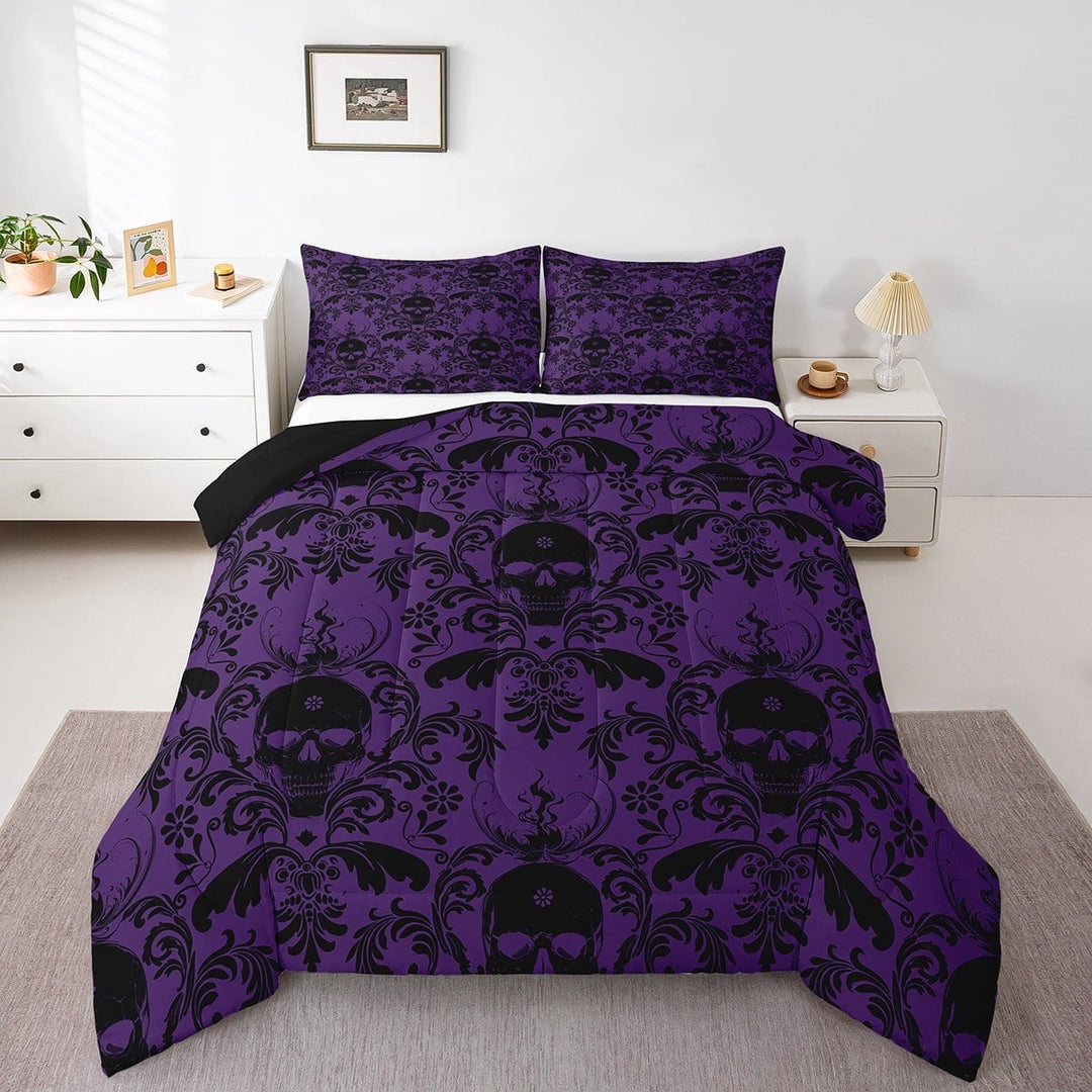 Erosebridal Gothic Skull Comforter Sets Queen Size,Black Purple Bedding Queen Comforter Set,Bohemian Damask Bedding Sets Queen with Comforter,Lightweight Exotic Room Decor,Reversible,3 Pieces