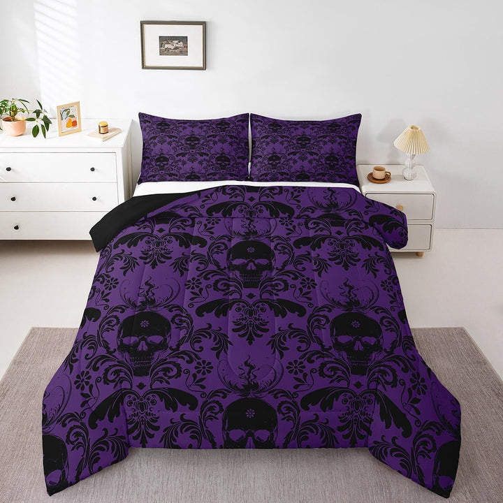 Erosebridal Gothic Skull Comforter Sets Queen Size,Black Purple Bedding Queen Comforter Set,Bohemian Damask Bedding Sets Queen with Comforter,Lightweight Exotic Room Decor,Reversible,3 Pieces