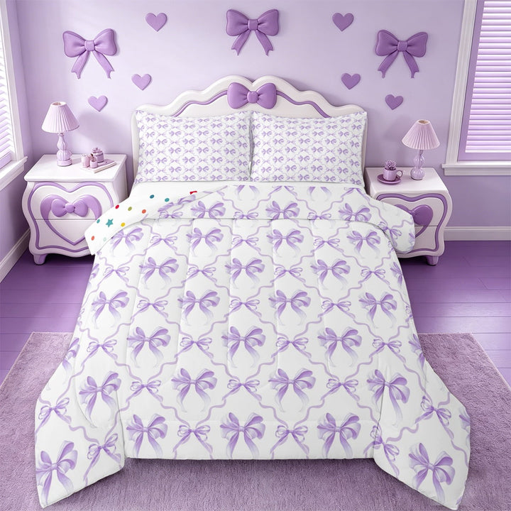 Manfei Pink Bowknot Bedding Comforter Set,Ribbon Bowtie Bow Twin Comforter Sets,Purple White Bedding Set For Girls,Microfiber Bedroom Decor Reversible,2-Piece