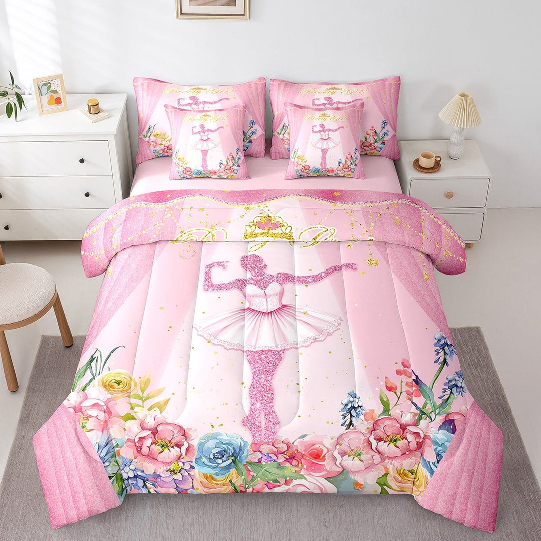 Erosebridal Floral Ballet Bedding Sets King Size,Bling Glitter Bed in a Bag King size,Super Cozy Reversible Bedding King Size,Dance Theme Decor,7 Pieces