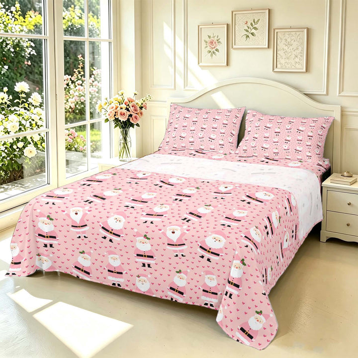 Manfei Christmas Santa Claus Bed Sheets,Cute Heart Print Full Size Sheets,Pink,4pcs,1 Flat Sheet,1 Fitted Sheet and 2 Pillowcases