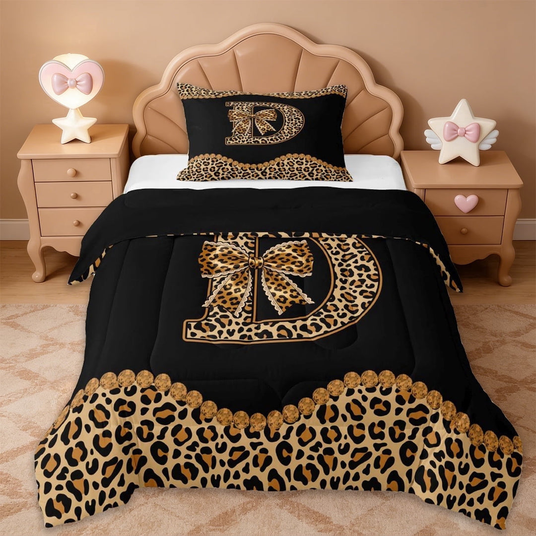 Erosebridal Brown Initial Alphabet D Twin Comforter Sets,Fashion Women Cheetah Print Bedding Set For Girls Kids,Black Reversible,2 Pieces
