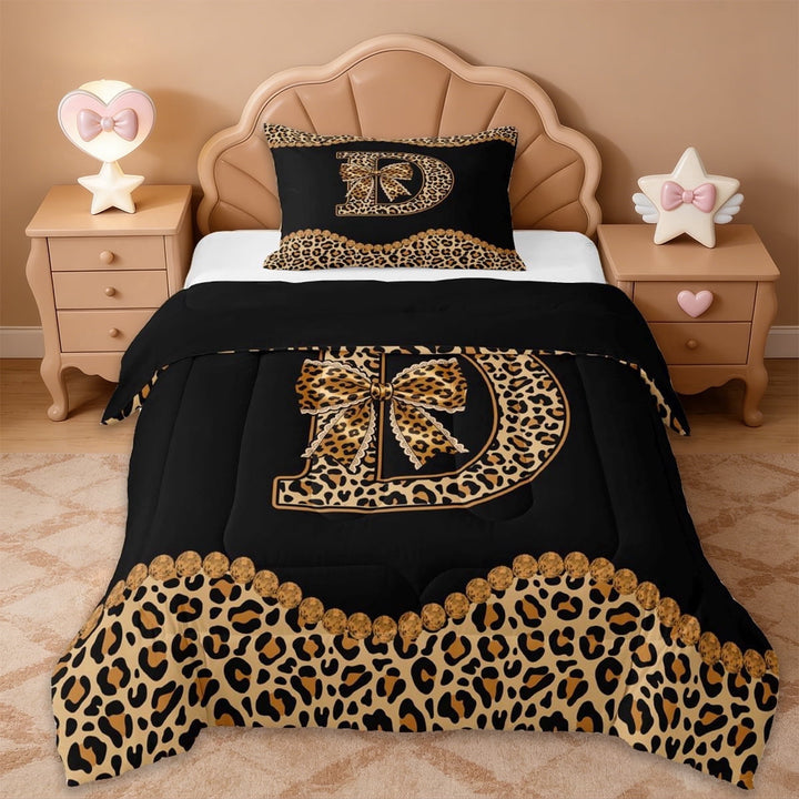 Erosebridal Brown Initial Alphabet D Twin Comforter Sets,Fashion Women Cheetah Print Bedding Set For Girls Kids,Black Reversible,2 Pieces