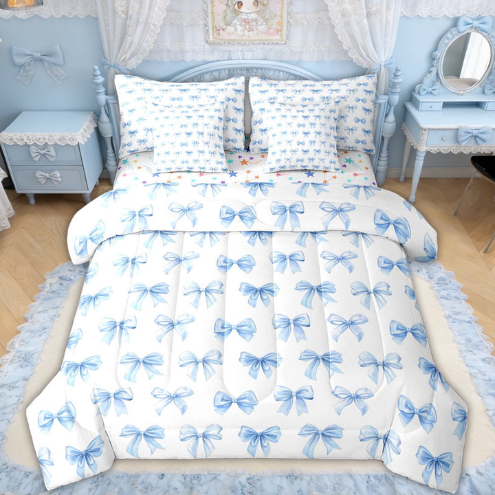 Erosebridal Light Blue Bow Twin Bedding Sets for Girls, Butterfly Knot Bedding Comforter Set for Kids, Colorful Stars Reversible, 7pcs