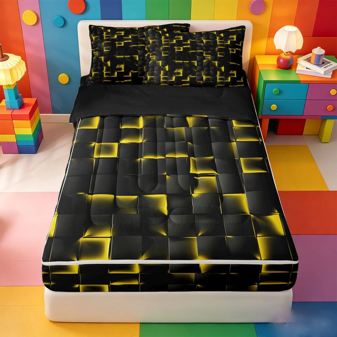 meiyoeat Modern Geometric Print Zipper Twin Comforter Sets with Fitted Sheet and 2 Pillowcases For Boy,Minimalist Grid Pattern Zipper Bedding Set For Kids,Black Reversible,4 Pieces