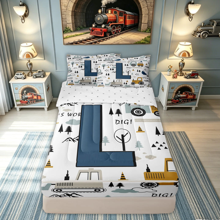 meiyoeat Construction Letter L Zipper Comforter Set with Fitted Sheet and 2 Pillowcases for Boys, Truck Print Zipper Bedding Set for Bedroom, Blue, Reversible, 3 Pieces