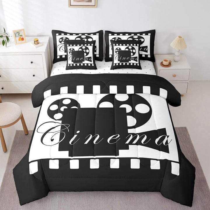 Erosebridal Vintage Projector Bedding Full Size, Movie Cinema Theme Bedding Accessories, Black White, Lightweight 7pcs
