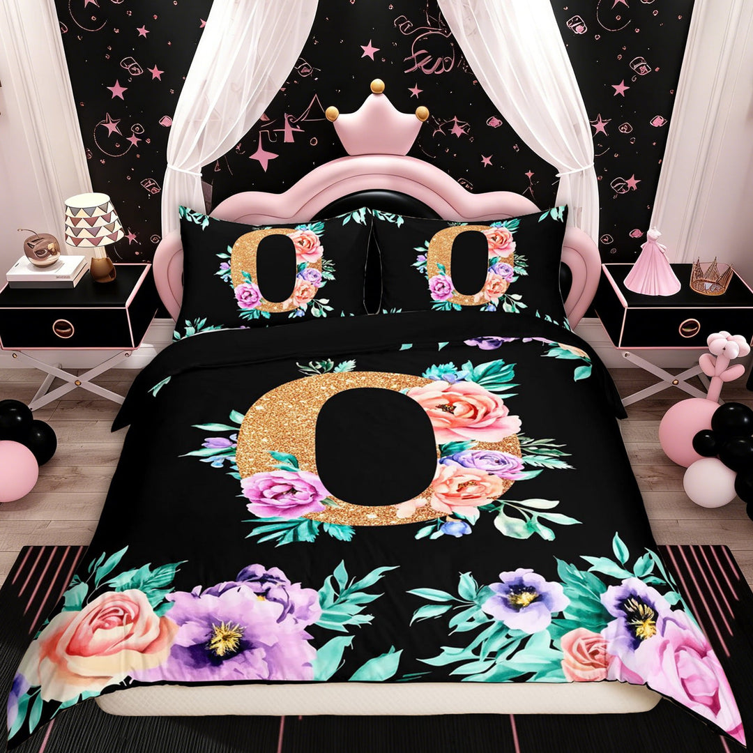 Erosebridal Kawaii Monogrammed O Duvet Cover Twin for Women Girls, Vintage Flower Black Reversible Bedding Twin Size, 1 Duvet Cover and 1 Pillowcase (No Comforter)