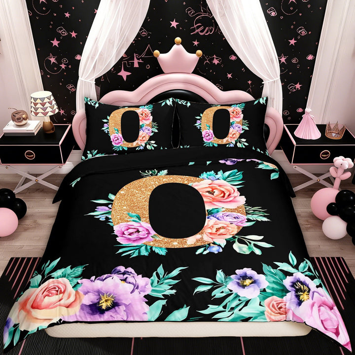 Erosebridal Kawaii Monogrammed O Duvet Cover Twin for Women Girls, Vintage Flower Black Reversible Bedding Twin Size, 1 Duvet Cover and 1 Pillowcase (No Comforter)