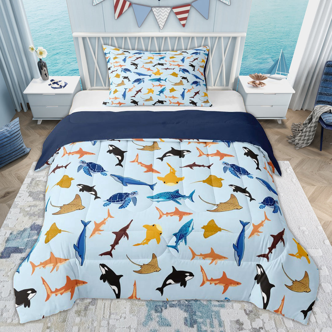Erosebridal Blue Sharks Kids Twin Comforter Sets, Cute Cartoon Sealife Bedding Set, 2 Pieces