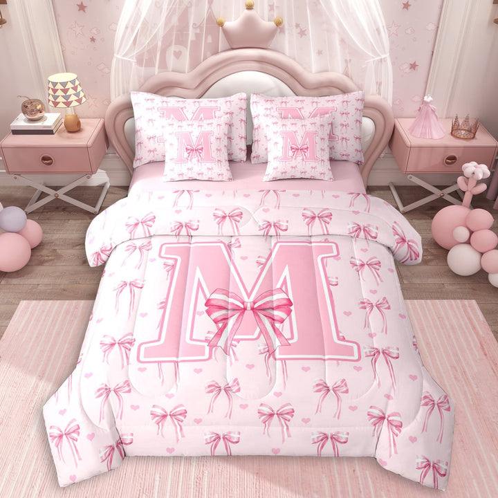 Erosebridal Girls Bow M Letter Monogrammed Twin Bedding Sets 7-Piece,Teens Dreamy Princess Initial Bow Tie Bedding Comforter Set,Pink Reversible