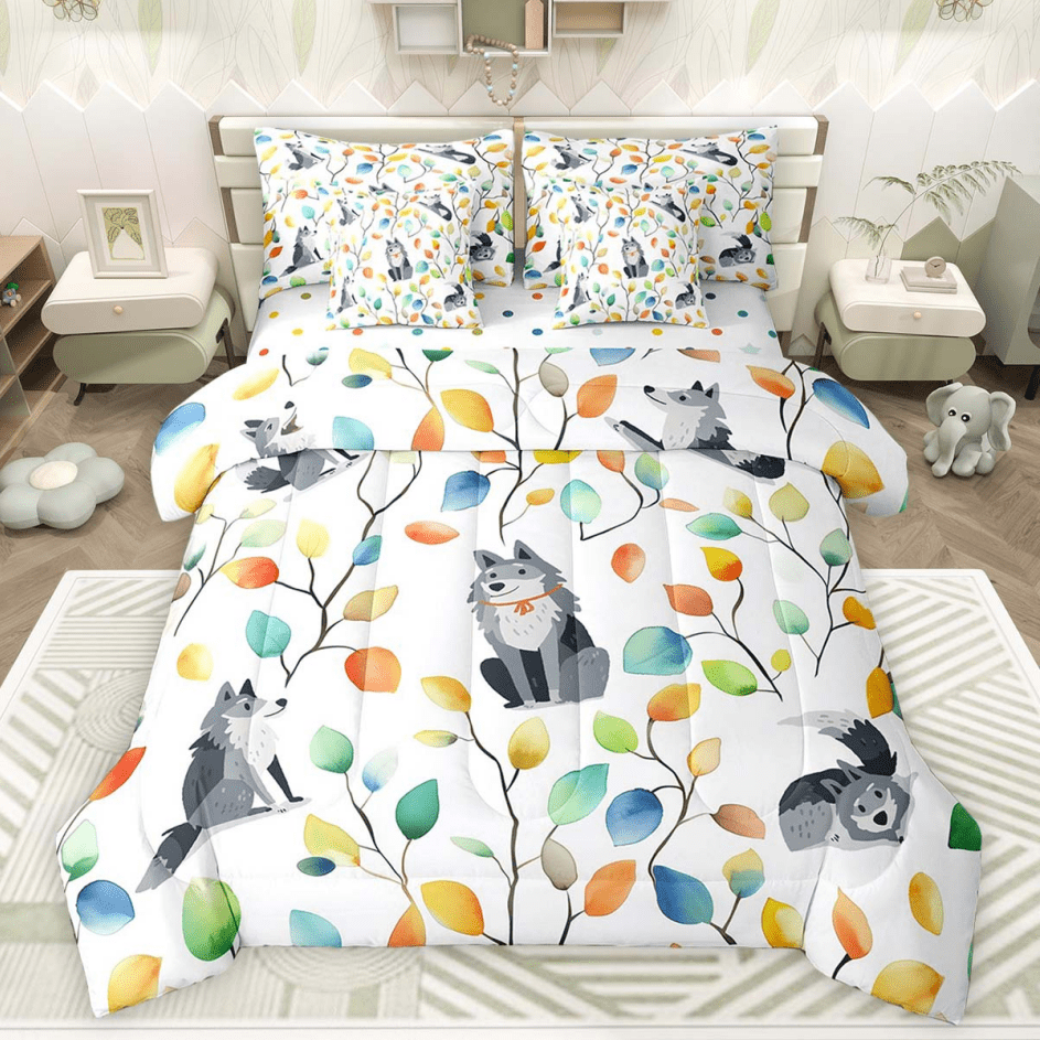Cartoon Wolf Bedding Twin Size 7 Pieces Watercolor Floral Comforter Set, Botanical Plants Bedding Comforter Sets Jungle Animal Bed in a Bag, Tropical Leaves Bedding Accessories