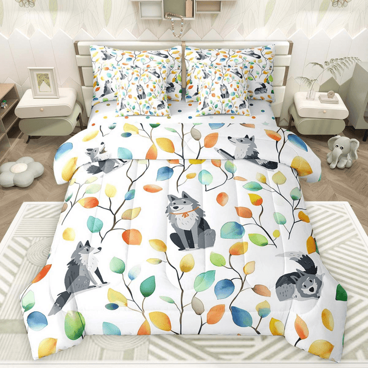Cartoon Wolf Bedding Twin Size 7 Pieces Watercolor Floral Comforter Set, Botanical Plants Bedding Comforter Sets Jungle Animal Bed in a Bag, Tropical Leaves Bedding Accessories
