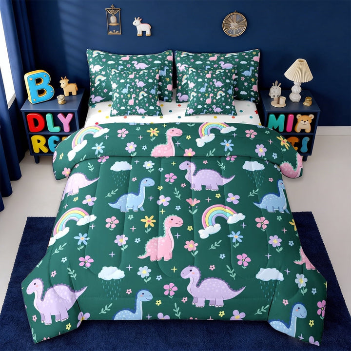 Erosebridal Cute Flowers Floral 7-Piece Twin Bedding Sets,Wild Animal Dinosaur Bedding Comforter Set For Boys Girls,Reversible