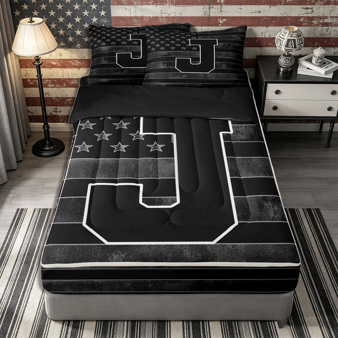 Meiyoeat Retro American Flag Letter J Zipper Full Size Comforter Sets with Fitted Sheet and 2 Pillowcases for Men Toddlers, Classic Initial Zipper Bedding Set,4pcs,Black Reversible