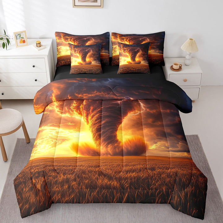 Nature Disaster 7 Pcs Comforter Set Twin Size,Golden Tornado Bed in a Bag with Flat Sheet and Fitted Sheet Teens Adult,Goth Cloud Bedding Set with Pillowcase and Sham Reversible