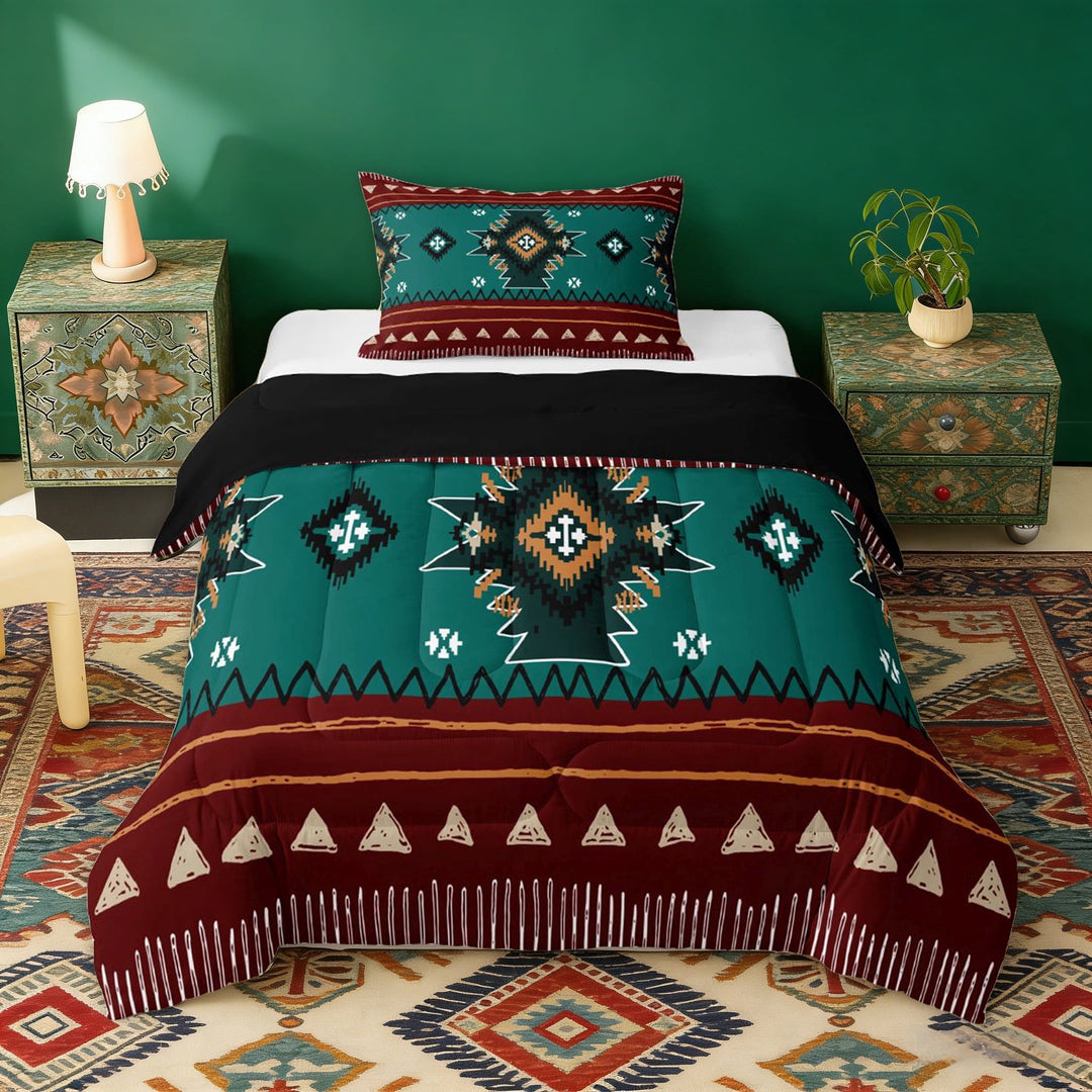 Erosebridal Bohemian Aztec Twin Comforter Sets, Green Red Aesthetic Bedding Set, Black Reversible 2pcs, 1 Comforter and 1 Pillowcase