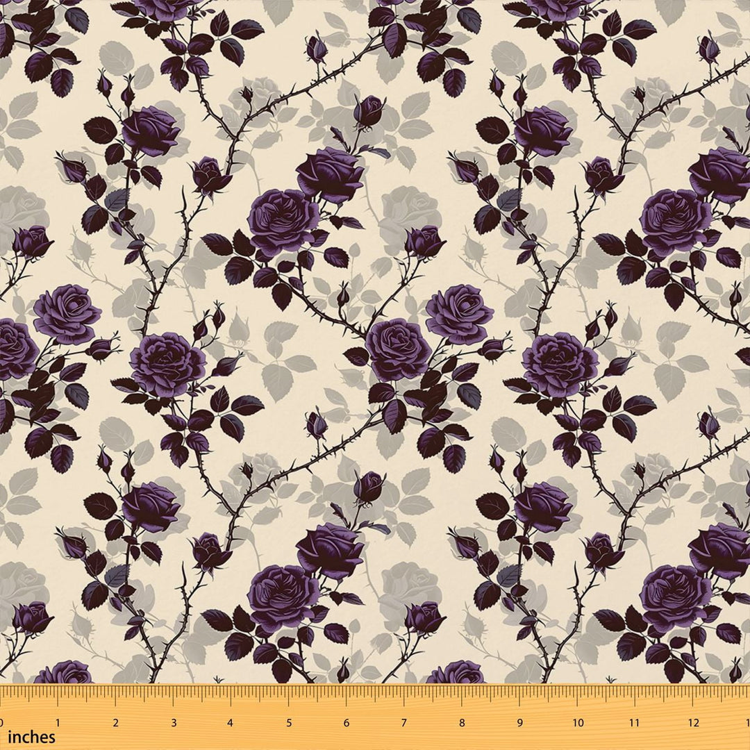 Manfei Hippie Blossom Fabric by the Yard 1 Yard, Boho Floral Home Decor Fabric by the Yard, Cream Purple