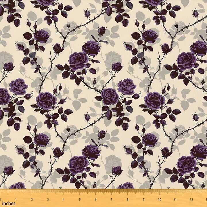Manfei Hippie Blossom Fabric by the Yard 1 Yard, Boho Floral Home Decor Fabric by the Yard, Cream Purple