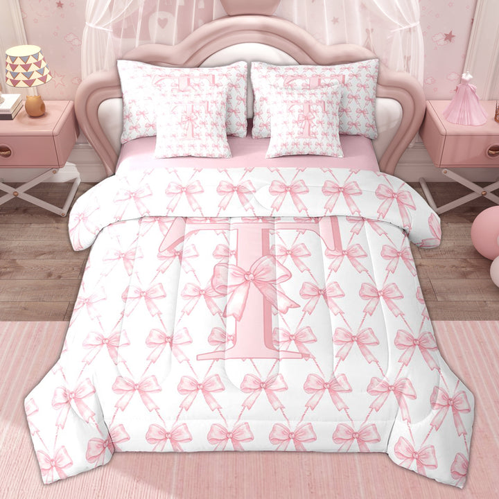 Erosebridal Princess Bowknot Girls Twin Bedding Sets, Initial T Letter Bedding Comforter Set, 7 Pieces