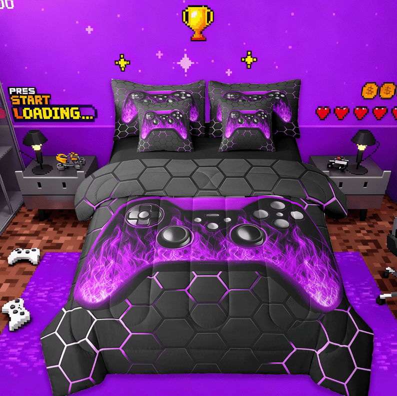Manfei Neon Gamepad Bed in a Bag Twin Size,Modern Geometric Honeycomb Bed Set,Pueple Black Bedding Twin Size For Boys Kids,Super Cozy Bedroom Decor Reversible,7 Pieces