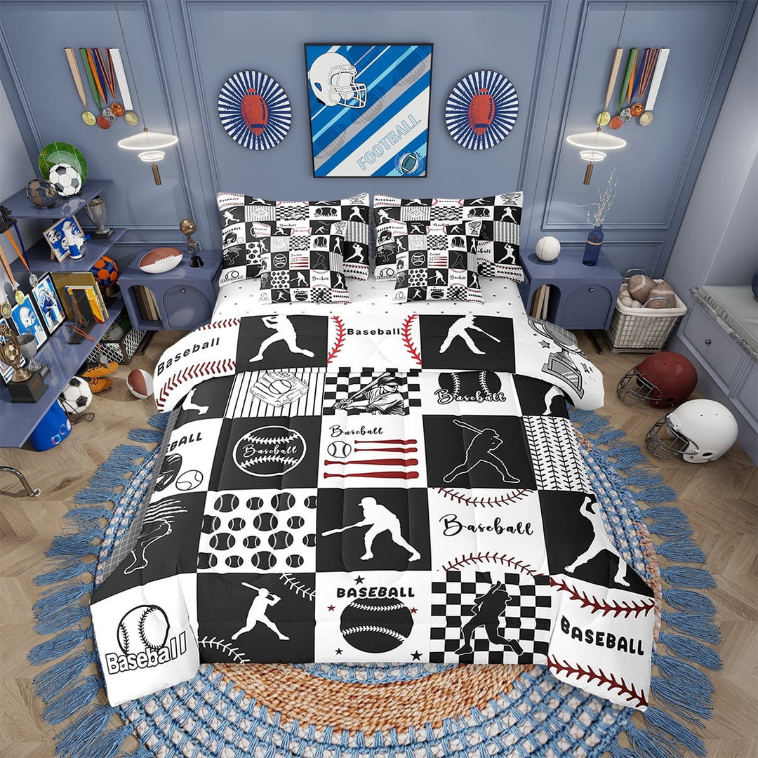 Erosebridal Baseball Comforter Set Full 7 Pcs Baseball Gaming Softball Ball Games White Black Plaid Bedding Set Sports Theme Bed in a Bag with Comforter,Sheets
