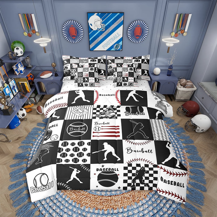 Erosebridal Baseball Comforter Set Full 7 Pcs Baseball Gaming Softball Ball Games White Black Plaid Bedding Set Sports Theme Bed in a Bag with Comforter,Sheets