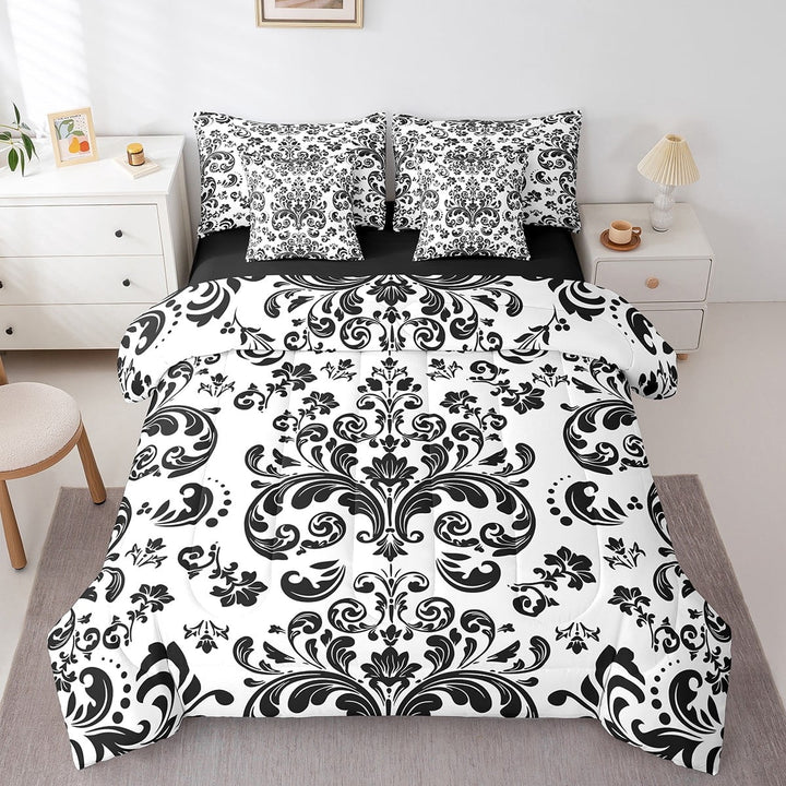 Black Damask Floral Bed In A Bag With Sheets Bohemian Black White Gothic Queen Comforter Set 7 Piece Goth Exotic Boho Bedding Set Adults Vintage Victorian Baroque Flower Bed Set
