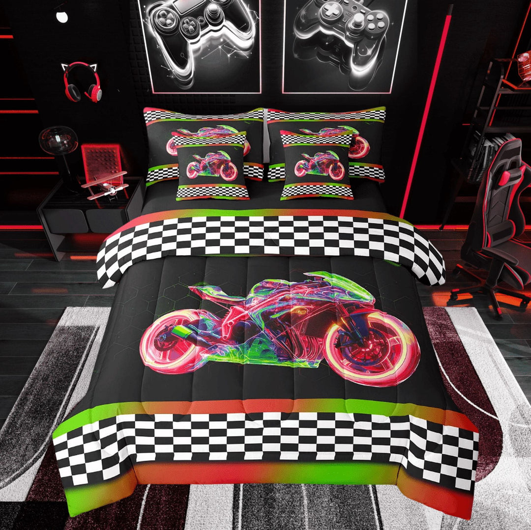 Erosebridal Teens Sports Bedding Twin Size, Motorcycle Bedding Sets Twin Size, Racing Checkered Decor, Reversible 7pcs