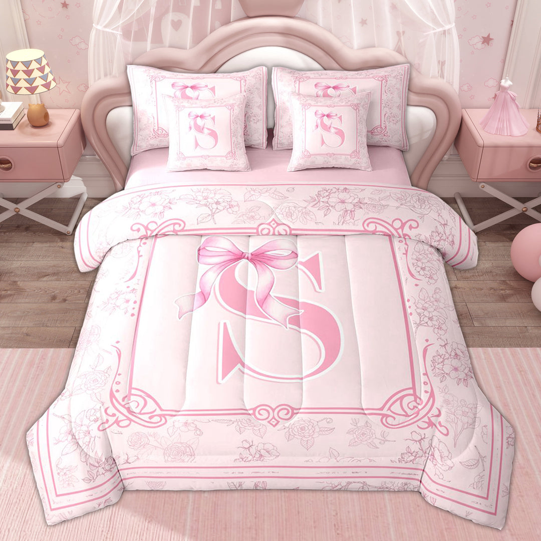Erosebridal Kids Bow S Letter Twin Bedding Sets, Fashion Flower Floral Bedding Comforter Set, Pink, 7 Pieces