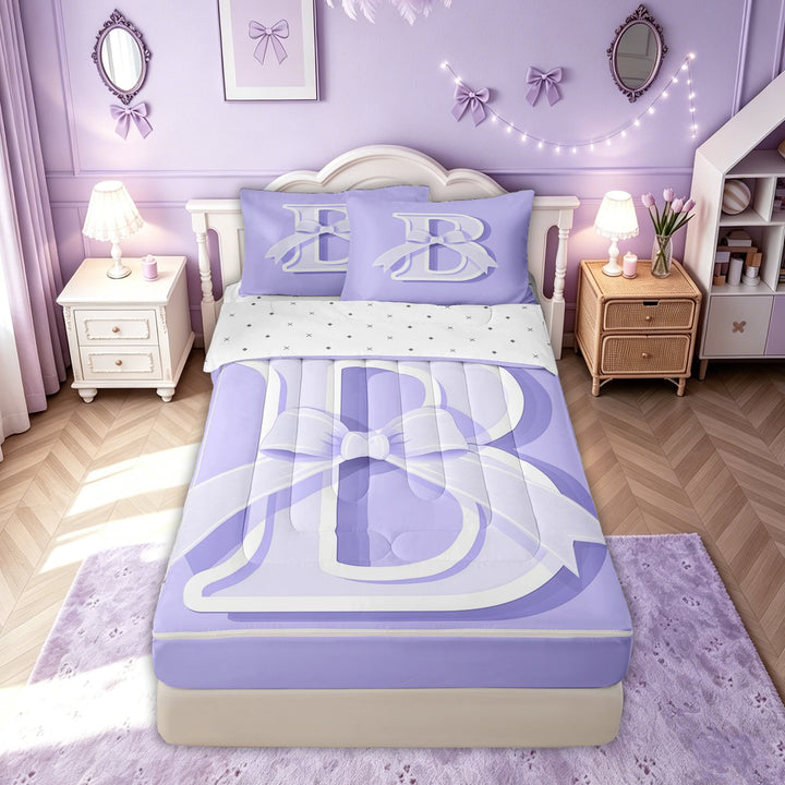 meiyoeat Princess Letter B Print Zipper Twin Comforter Sets with Fitted Sheet and 2 Pillowcases for Kids Girls, Girly Bow Monogram Zipper Bedding Set, Lavender, ReversibleG