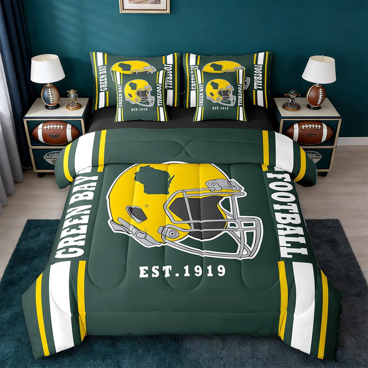 Erosebridal Helmet City Silhouette Bedding Twin Size,Green Bay Comforter Sets with Sheets,American Football Bedding Sets Twin Size,Breathable Room Decorative Reversible,7pcs