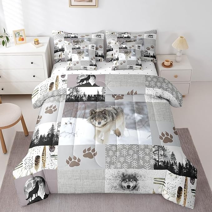 7 Pieces Twin Size Wolf Comforter Set,Wolf Paws Print Pine Trees Adventure Bedding Set,Geometric Plaids Patchwork Rustic（Comforter+Fitted+Flat Sheet+2 Pillowcases+2 Throw Pillow Covers)