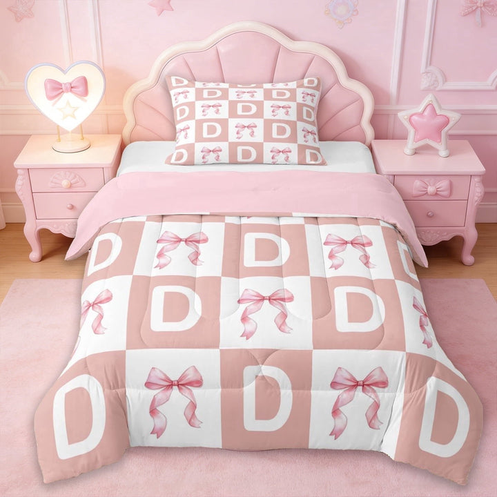 Erosebridal Girly Personalized Gifts Twin Comforter Sets,Pink Grid Alphabet D Print Bedding Set For Kids,Reversible pink,2pcs