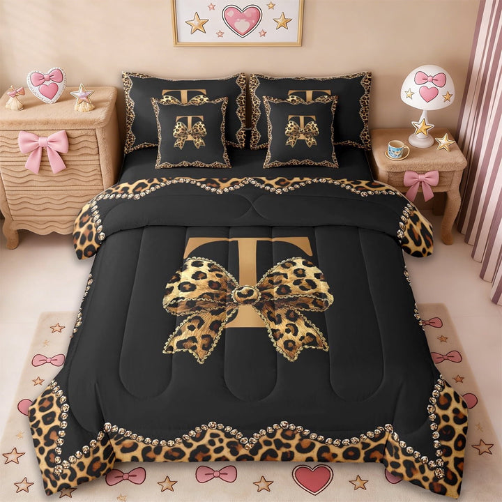 Erosebridal Fashion Letter T Monogrammed 7-Piece Twin Bedding Sets For Cheetah Lover,Brown Leopard Print Cute BowknotBedding Comforter Set For Girls Women,Reversible black