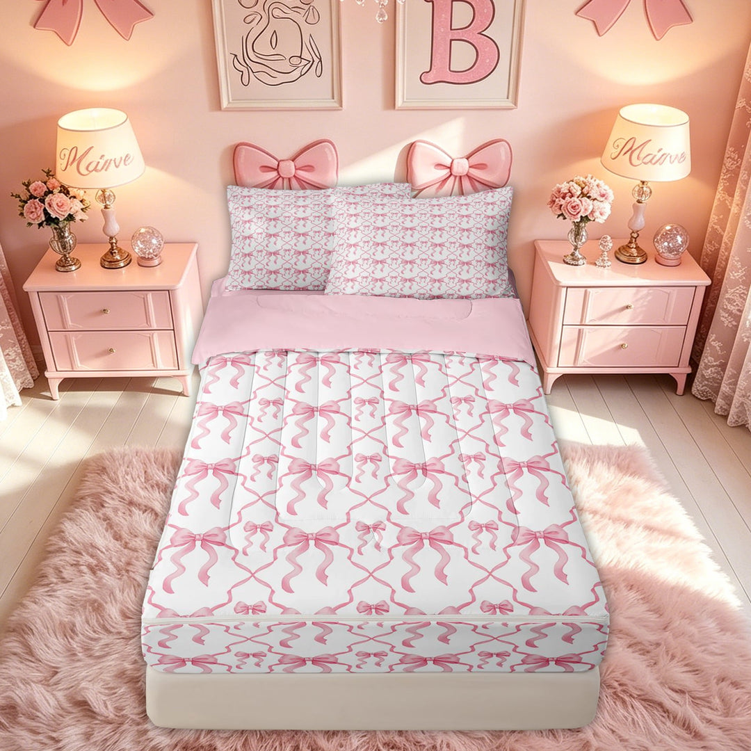 meiyoeat Cartoon Pink Bow Zipper Twin Comforter Sets with Fitted Sheet and 2 Pillowcases for Kids Girls, Cartoon Butterfly Ribbon Zipper Bedding Set, Pink ReversibleG