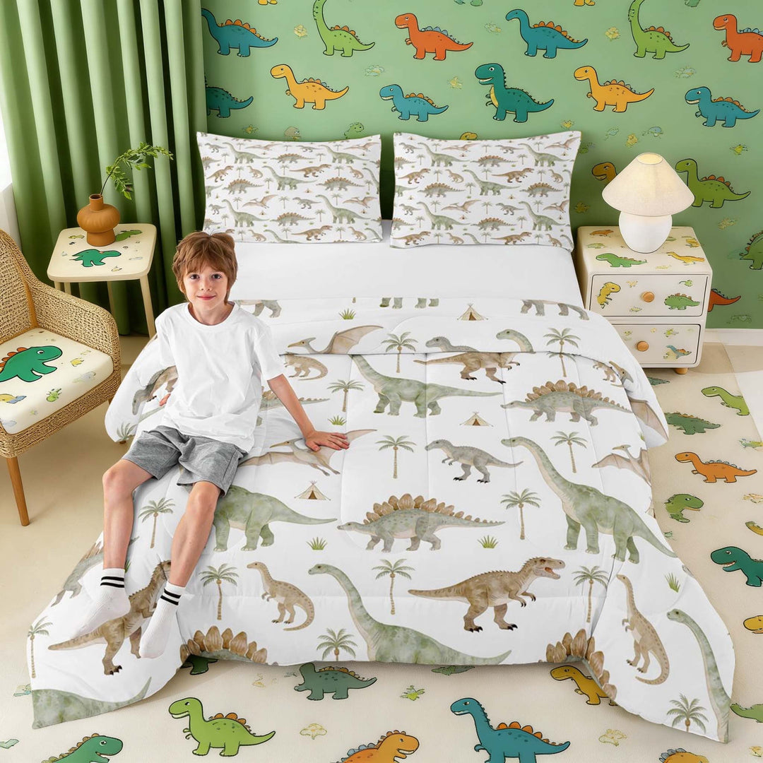 Erosebridal Green Dinosaur Full Size Comforter Sets for Kids, Watercolor Dino Bedding Sets