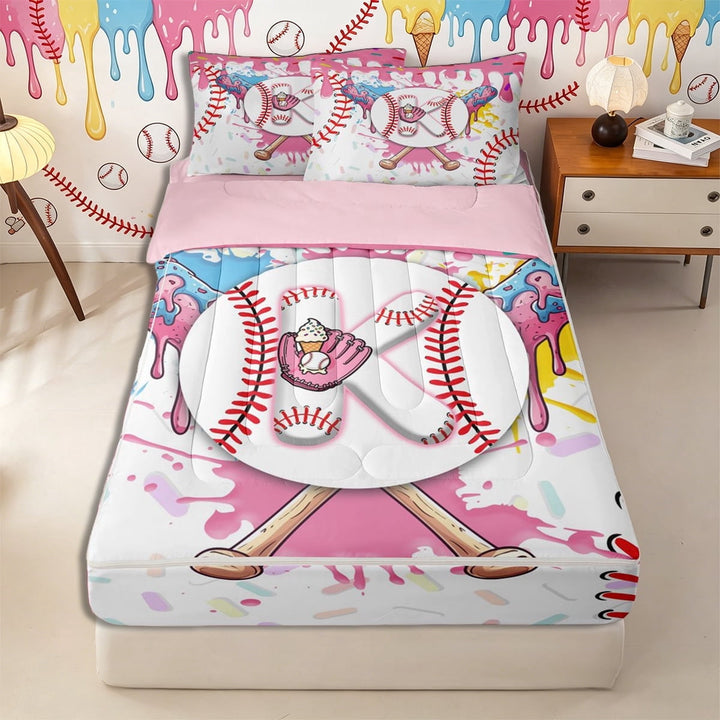Meiyoeat Ice Cream Baseball Letter K Zipper Twin Comforter Sets with Fitted Sheet and 2 Pillowcases for Girls Preschoolers, Charming Design Zipper Bedding Set for Decor,4-Piece,Pink Reversible