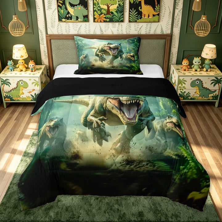 meiyoeat Dinosaur Animals Full Size Comforter Sets for Kids Boys, Jungle Scene Bedding Comforter Set for Bedroom, Green, Black Reversible, 3 Pieces