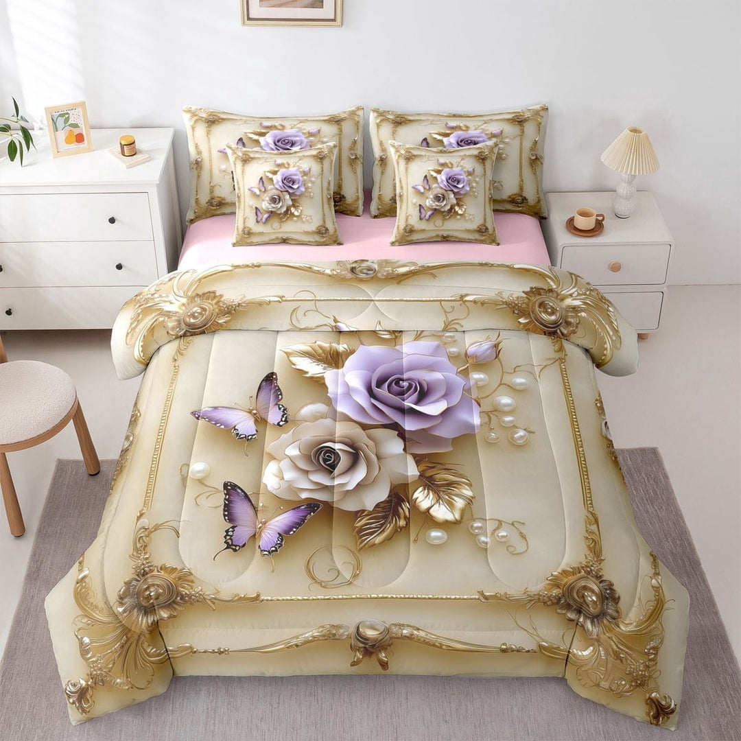Erosebridal Teens Floral Rose Butterflies Twin Bedding Sets 7-Piece,Romantic Vintage Bedding Comforter Set For Girls Boys,Gold Purple,Pink Reversible