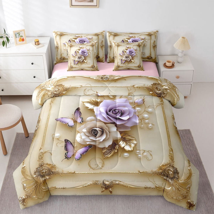 Erosebridal Teens Floral Rose Butterflies Twin Bedding Sets 7-Piece,Romantic Vintage Bedding Comforter Set For Girls Boys,Gold Purple,Pink Reversible